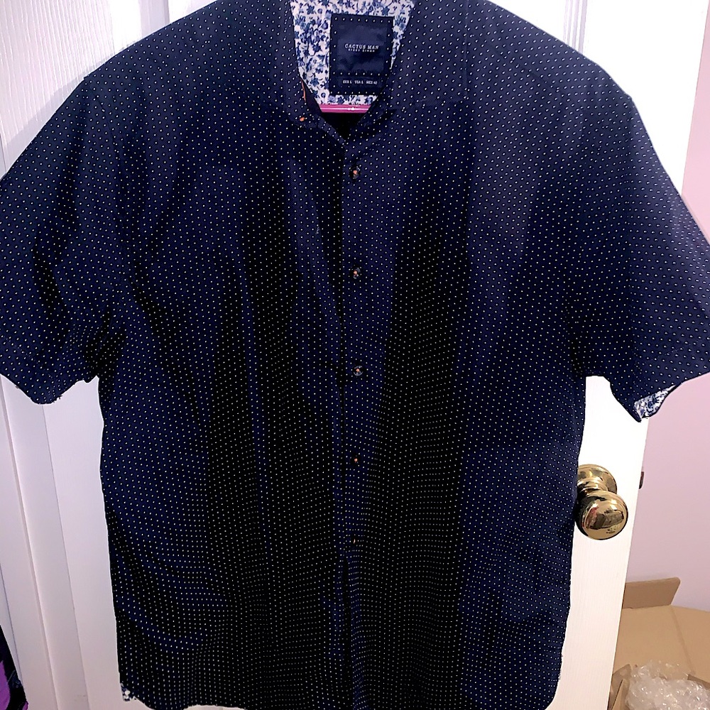 Navy Polo with White dots and Small Floral Accents